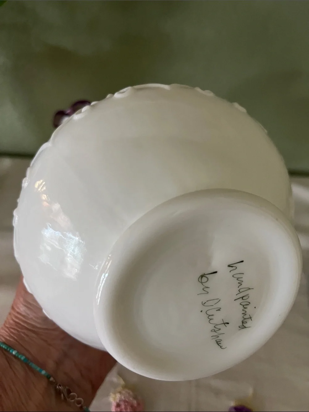 Vintage Fenton Violets in the Snow Amethyst Crest Spanish Lace Vase Signed